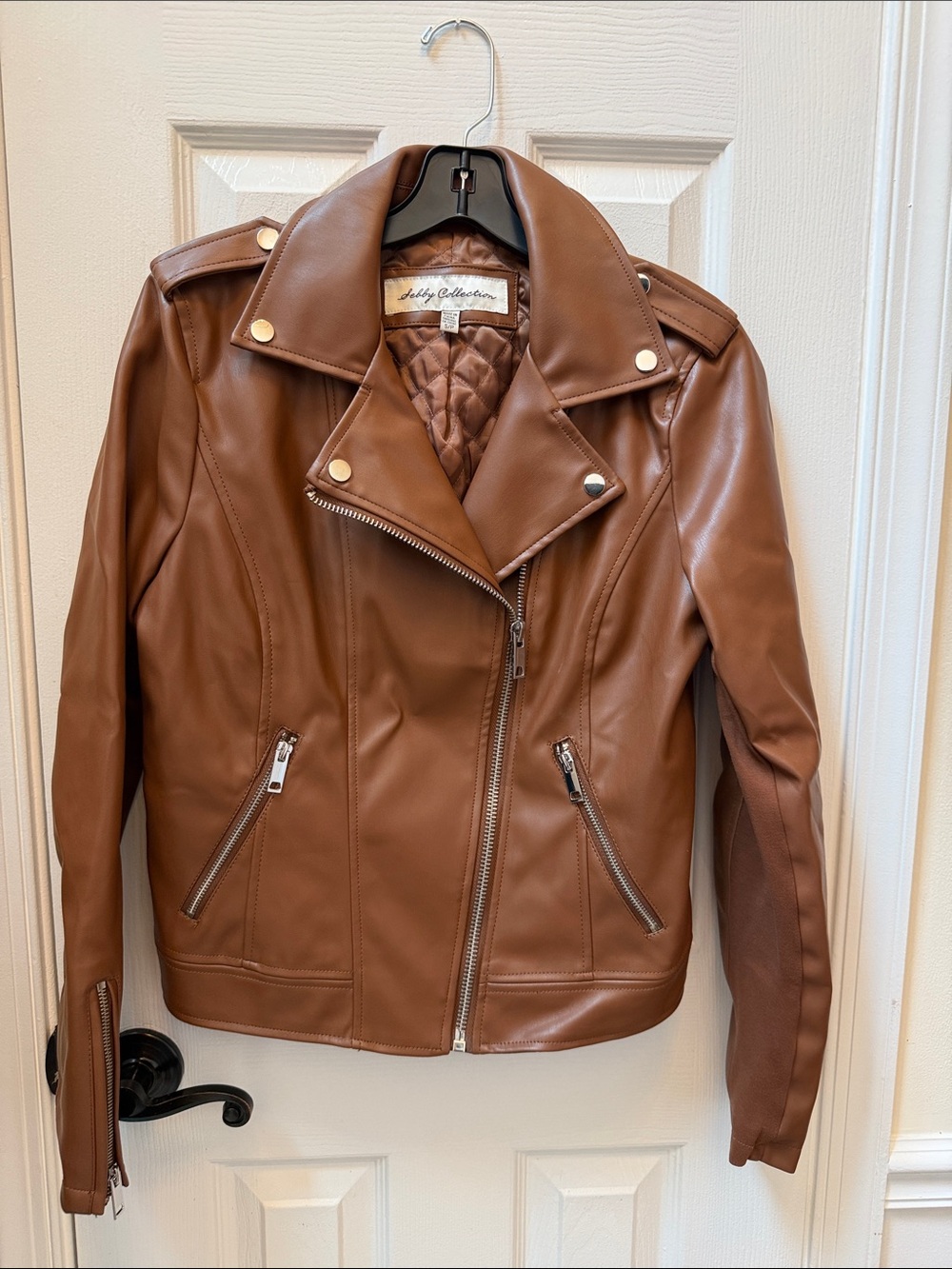 Sebby Collection Women's Tan Faux Leather Moto Jacket